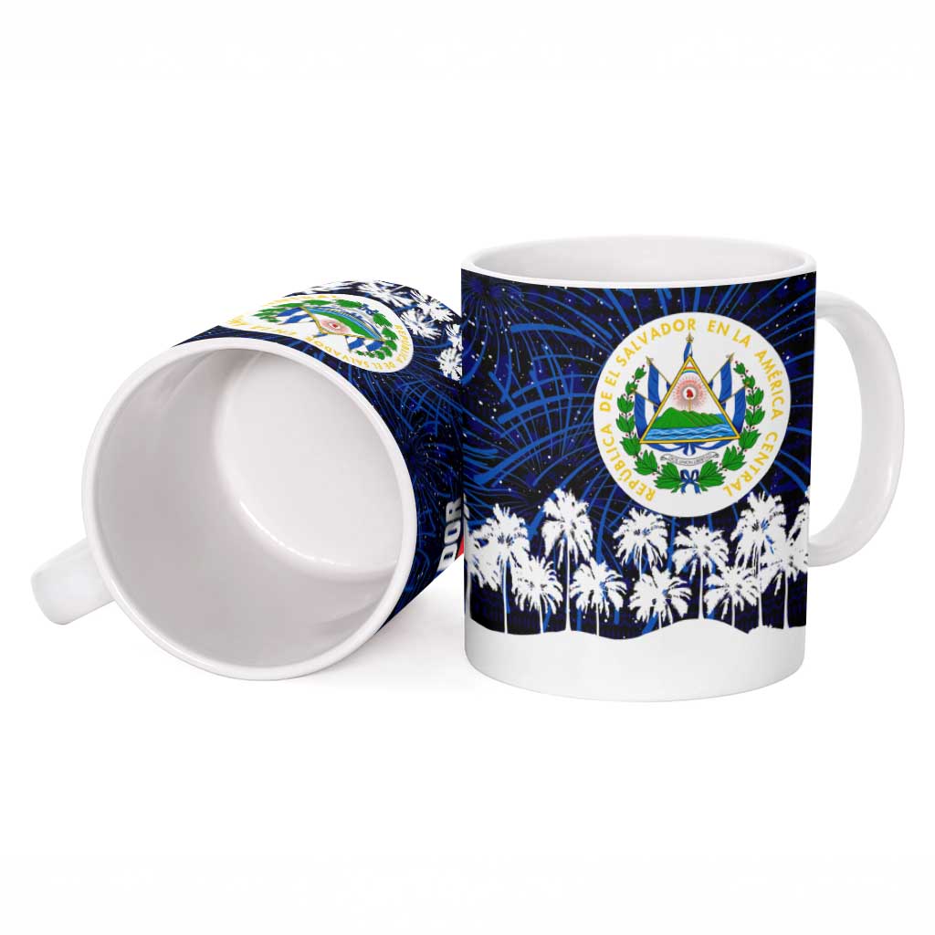 El Salvador Christmas Ceramic Mug with Santa Claus Turkey Fireworks Palm Trees and National Emblem Design - Wonder Print Shop