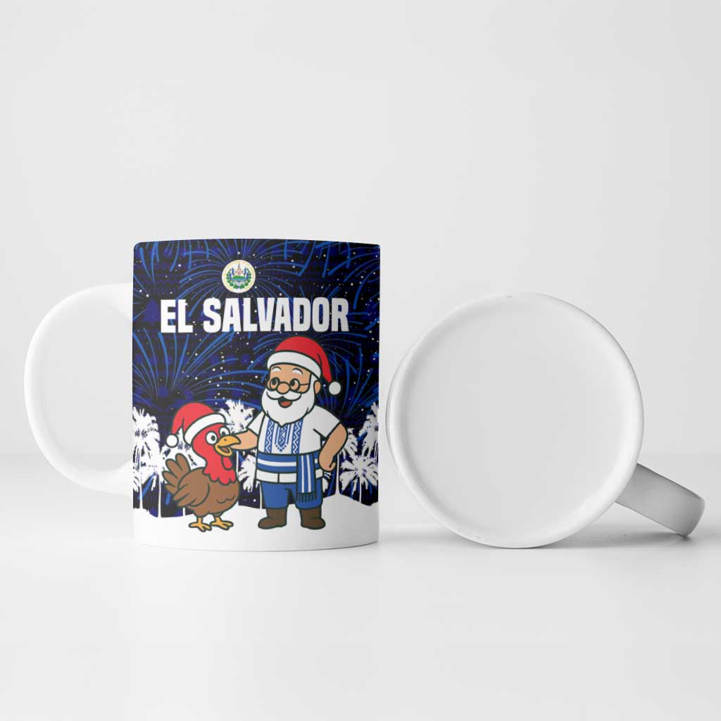 El Salvador Christmas Ceramic Mug with Santa Claus Turkey Fireworks Palm Trees and National Emblem Design - Wonder Print Shop