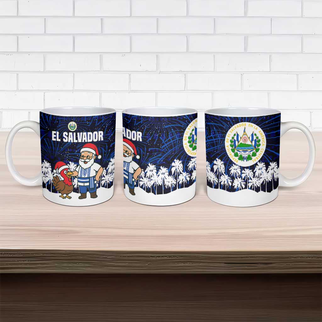 El Salvador Christmas Ceramic Mug with Santa Claus Turkey Fireworks Palm Trees and National Emblem Design - Wonder Print Shop