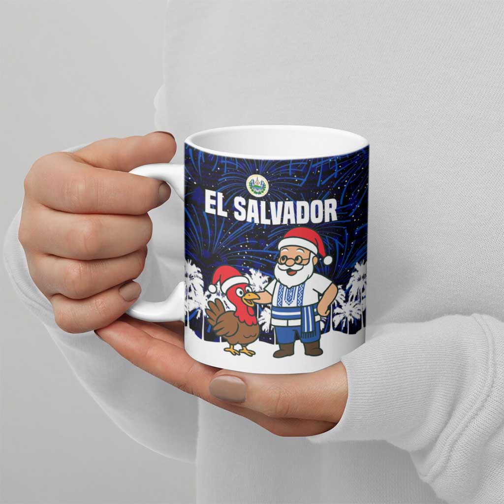 El Salvador Christmas Ceramic Mug with Santa Claus Turkey Fireworks Palm Trees and National Emblem Design - Wonder Print Shop