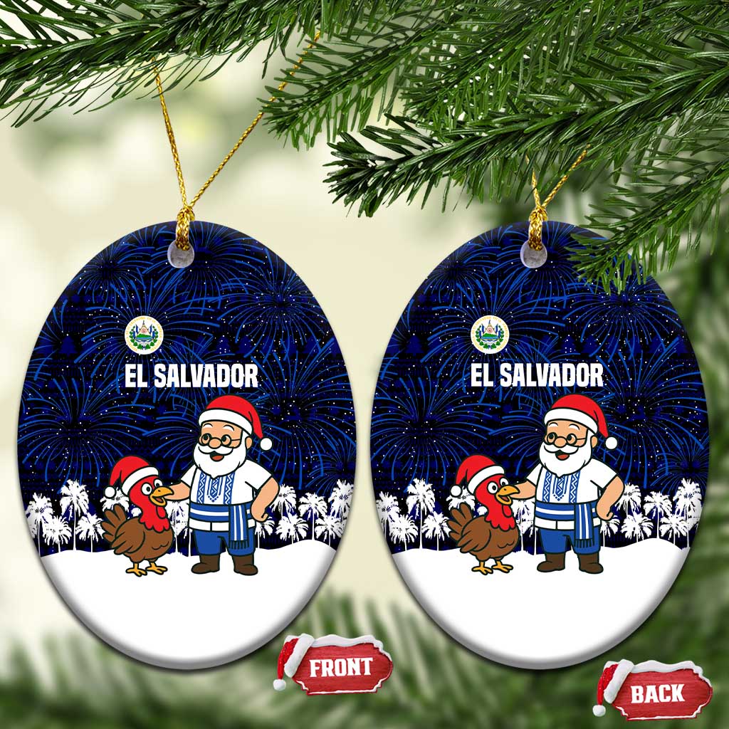 El Salvador Christmas Ceramic Ornament with Santa Claus Turkey Fireworks Palm Trees and National Emblem Design - Wonder Print Shop