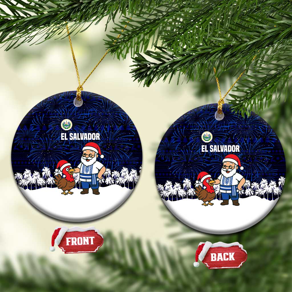 El Salvador Christmas Ceramic Ornament with Santa Claus Turkey Fireworks Palm Trees and National Emblem Design - Wonder Print Shop