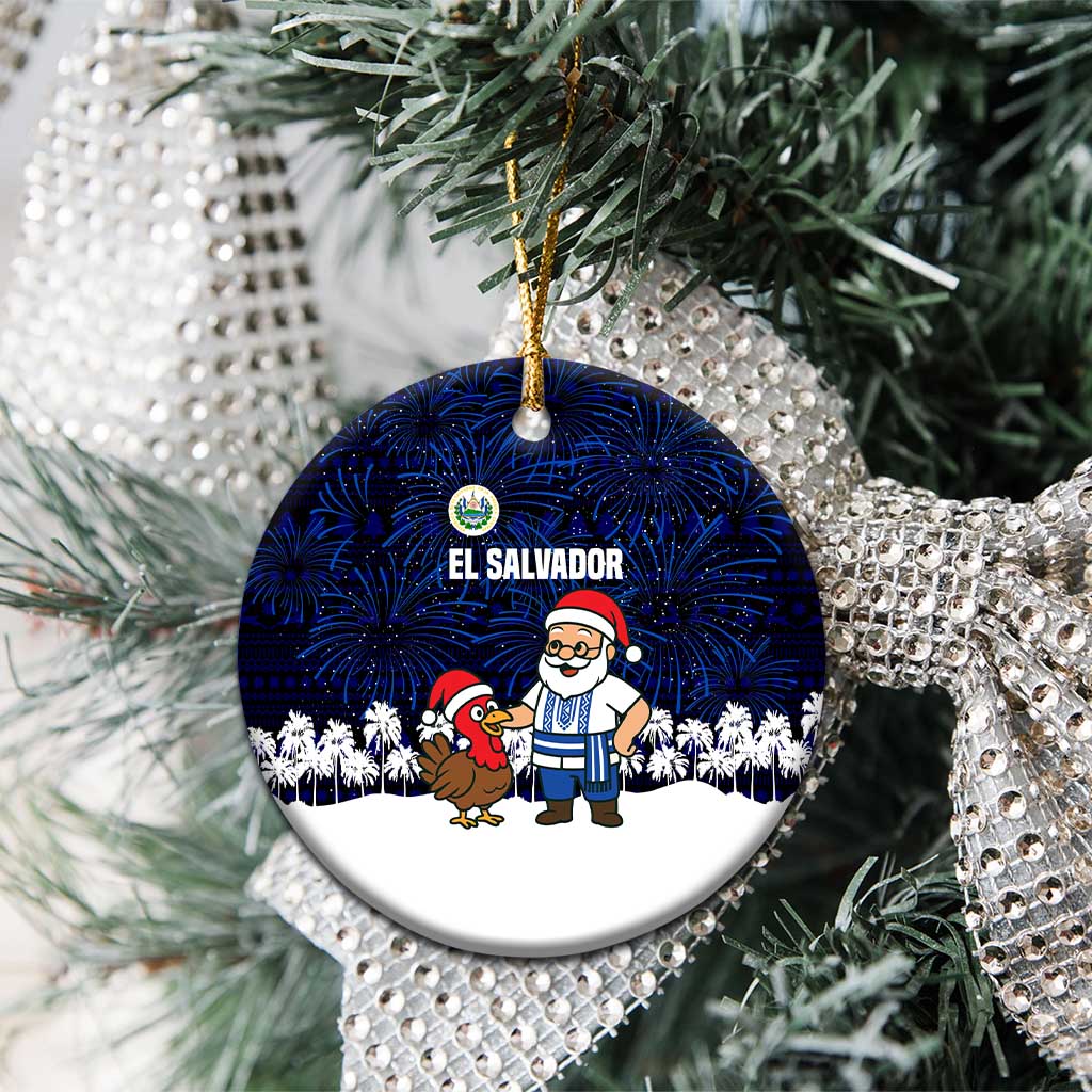 El Salvador Christmas Ceramic Ornament with Santa Claus Turkey Fireworks Palm Trees and National Emblem Design - Wonder Print Shop