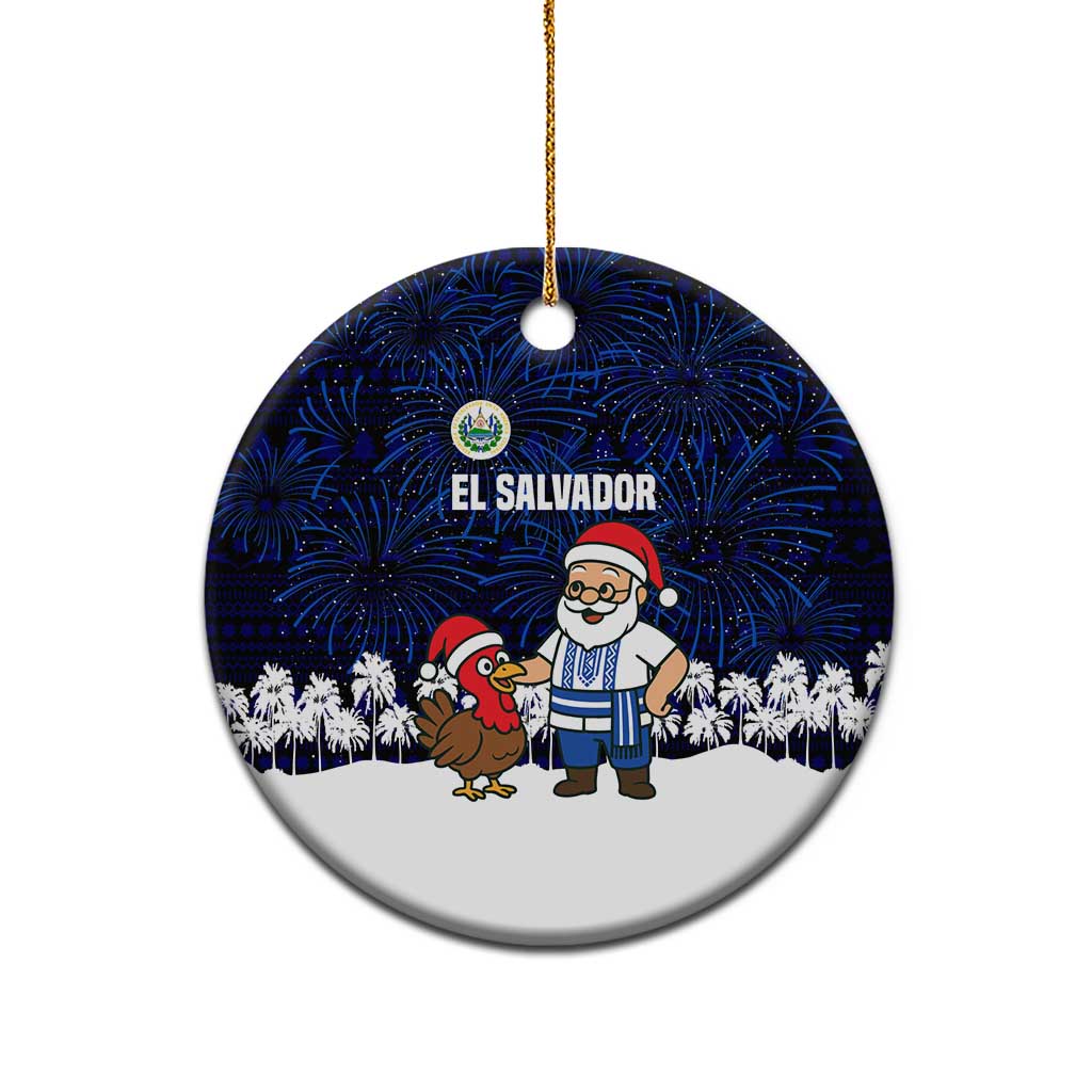 El Salvador Christmas Ceramic Ornament with Santa Claus Turkey Fireworks Palm Trees and National Emblem Design - Wonder Print Shop