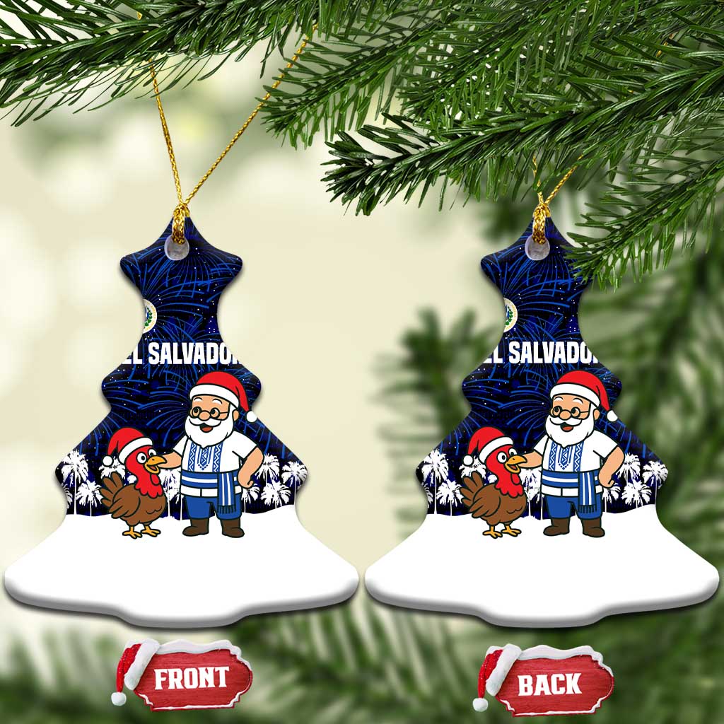 El Salvador Christmas Ceramic Ornament with Santa Claus Turkey Fireworks Palm Trees and National Emblem Design - Wonder Print Shop