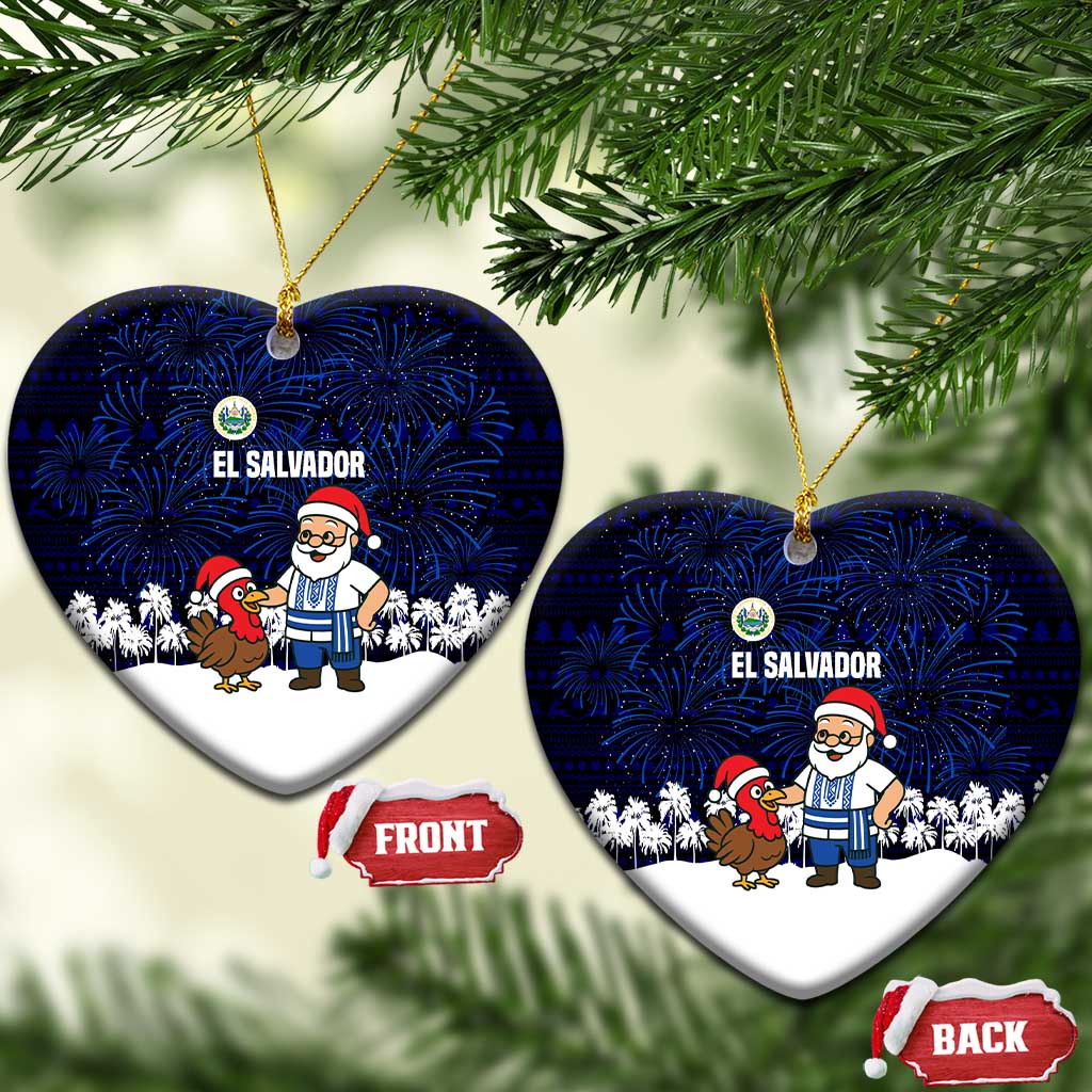 El Salvador Christmas Ceramic Ornament with Santa Claus Turkey Fireworks Palm Trees and National Emblem Design - Wonder Print Shop