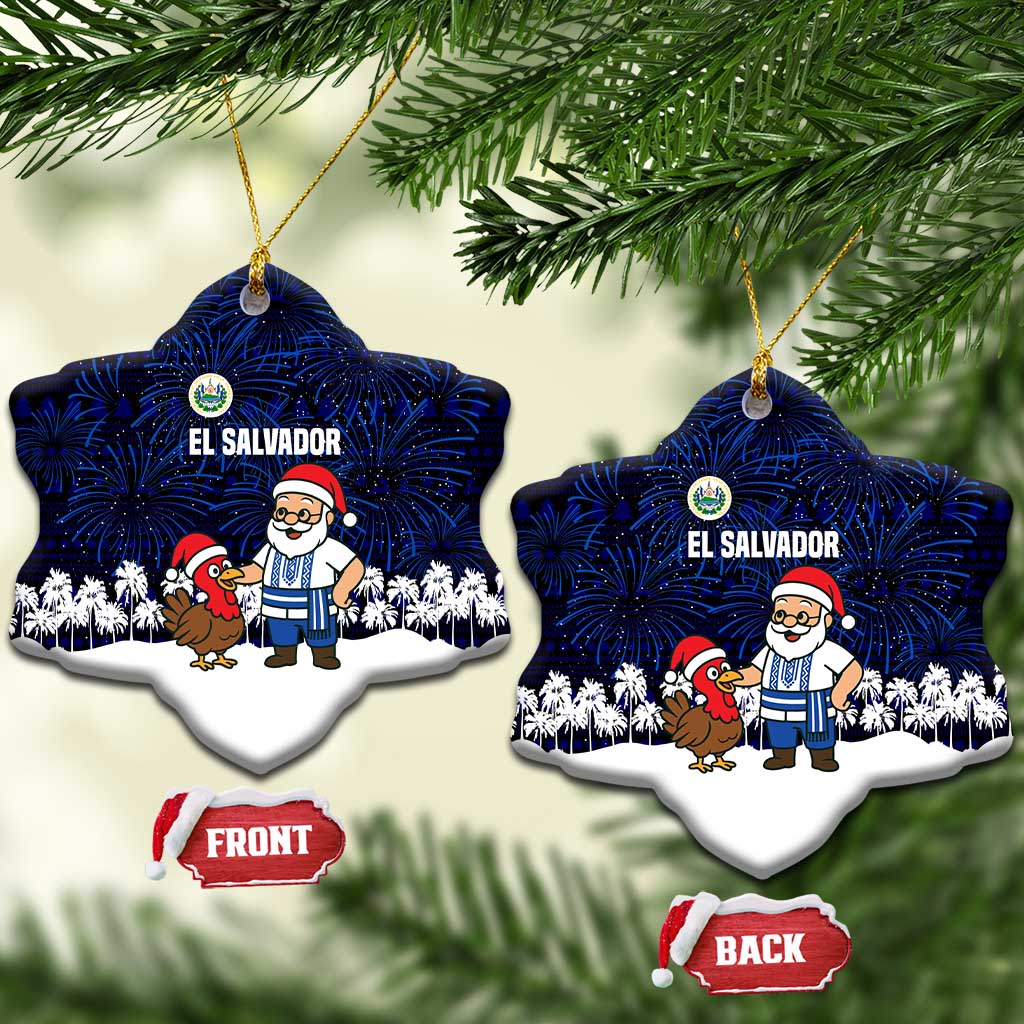 El Salvador Christmas Ceramic Ornament with Santa Claus Turkey Fireworks Palm Trees and National Emblem Design - Wonder Print Shop