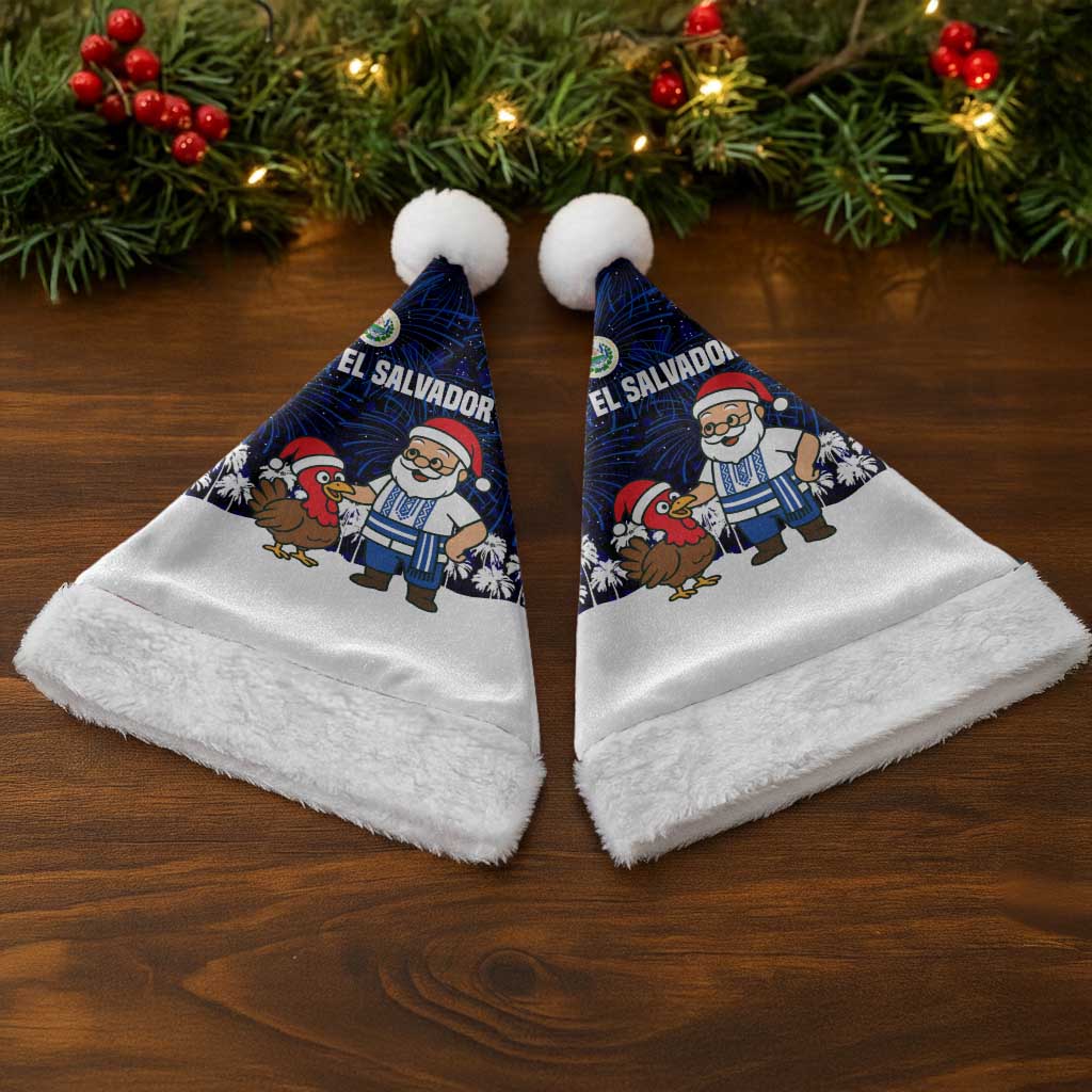 El Salvador Christmas Santa Hat with Santa Claus Turkey Fireworks Palm Trees and National Emblem Design - Wonder Print Shop