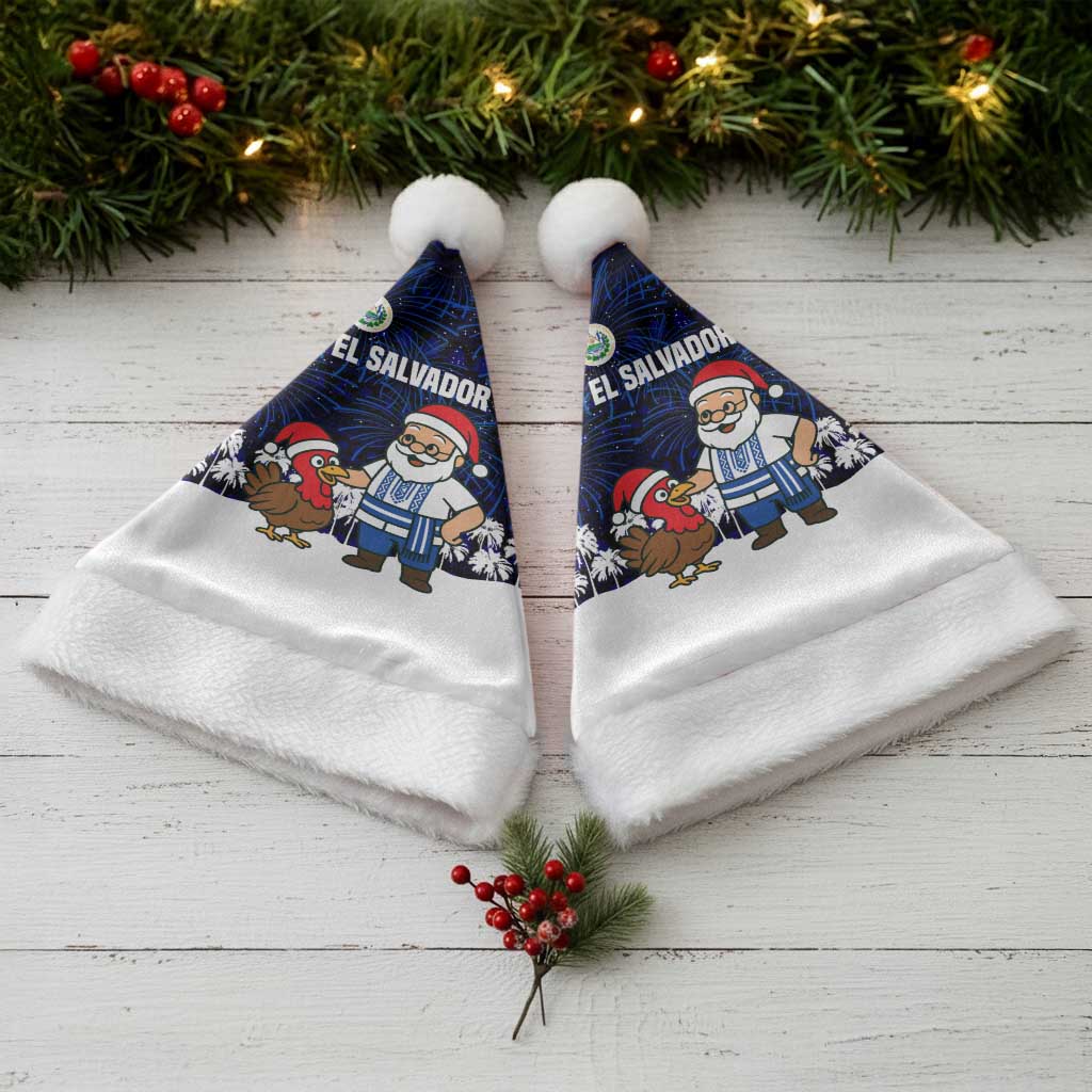 El Salvador Christmas Santa Hat with Santa Claus Turkey Fireworks Palm Trees and National Emblem Design - Wonder Print Shop
