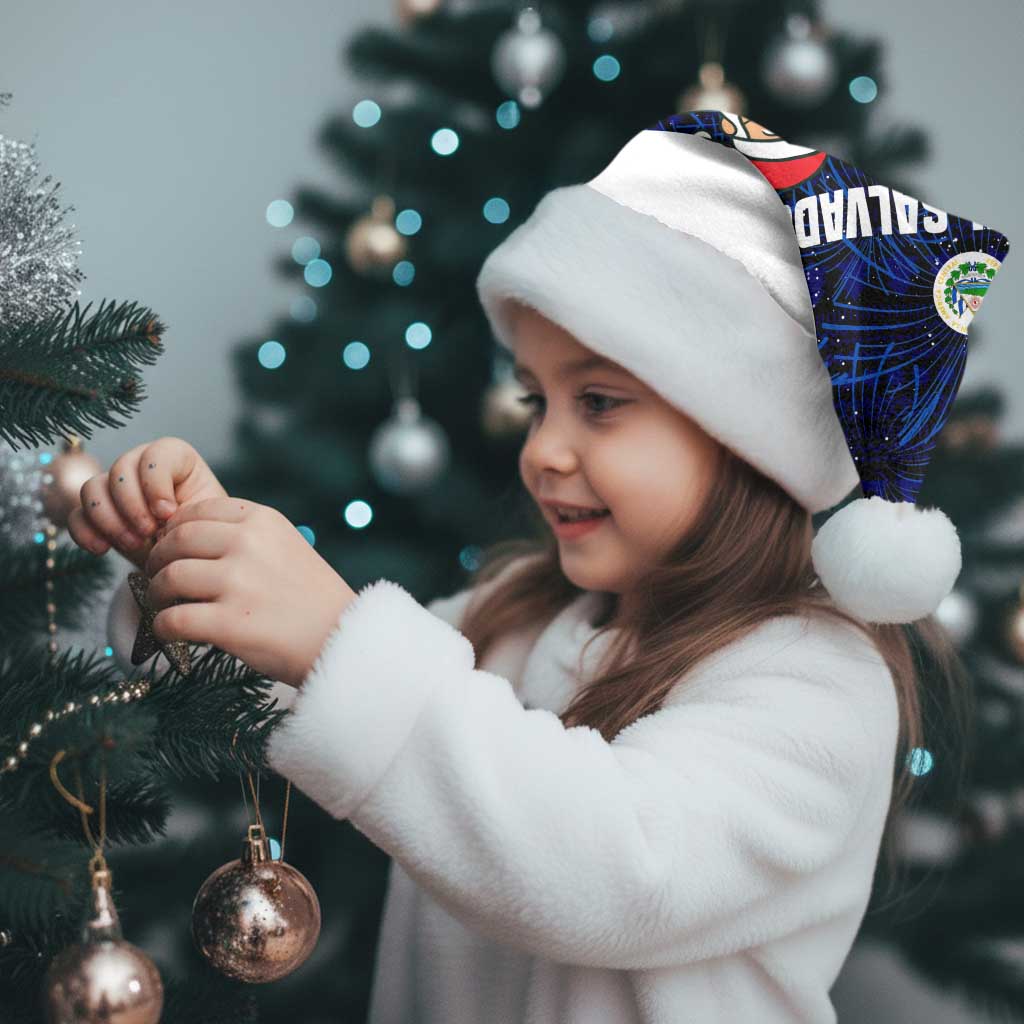 El Salvador Christmas Santa Hat with Santa Claus Turkey Fireworks Palm Trees and National Emblem Design - Wonder Print Shop
