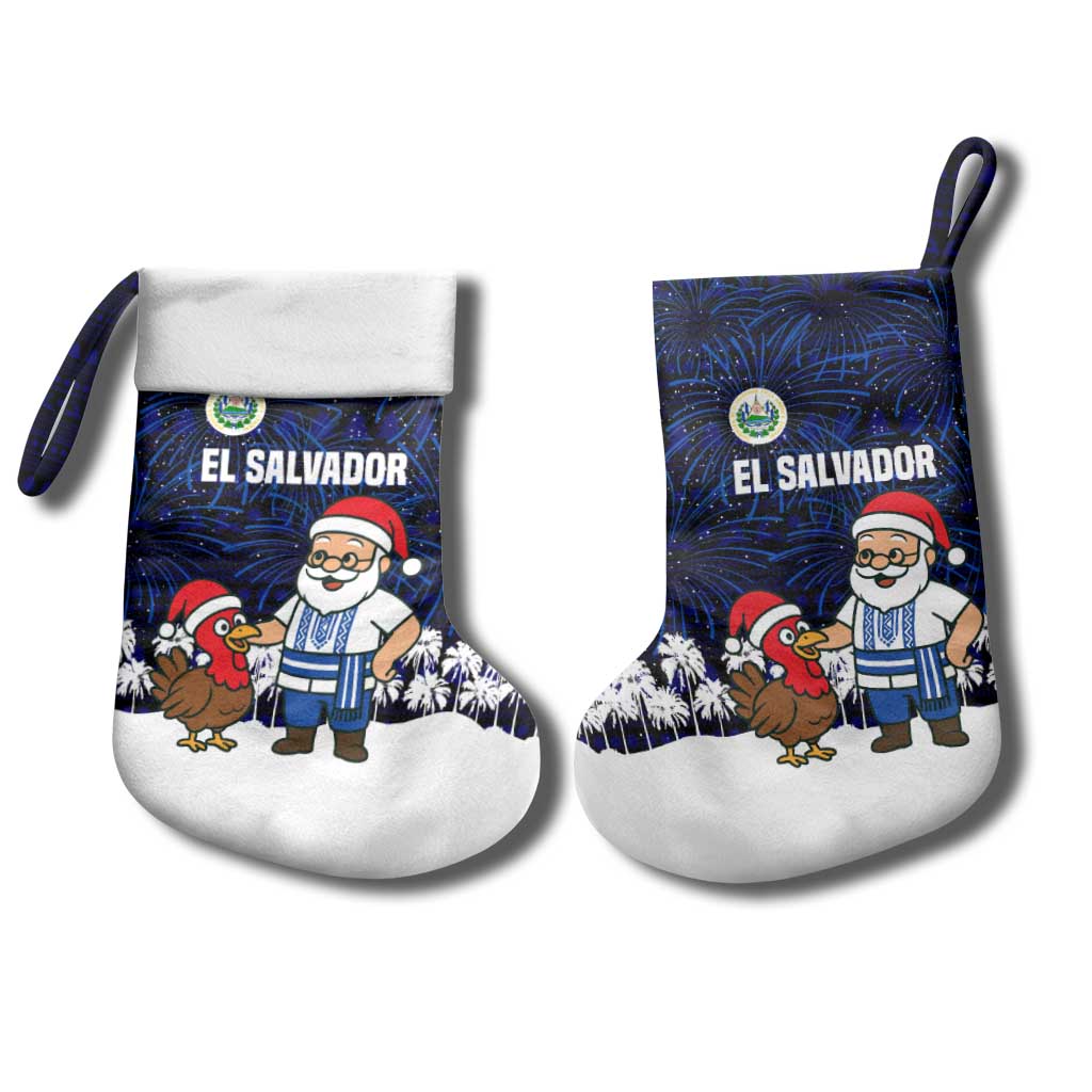 El Salvador Christmas Stocking with Santa Claus Turkey Fireworks Palm Trees and National Emblem Design - Wonder Print Shop