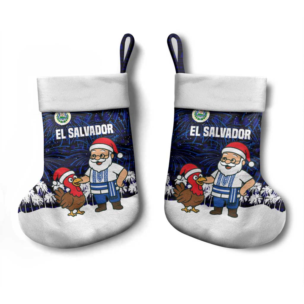 El Salvador Christmas Stocking with Santa Claus Turkey Fireworks Palm Trees and National Emblem Design - Wonder Print Shop