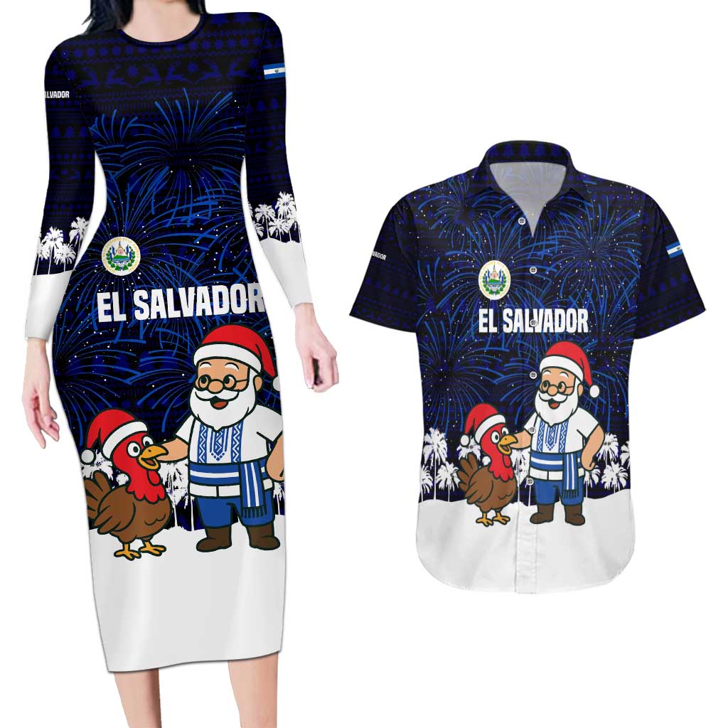 El Salvador Christmas Couples Matching Long Sleeve Bodycon Dress and Hawaiian Shirt with Santa Claus Turkey Fireworks Palm Trees and National Emblem Design - Wonder Print Shop
