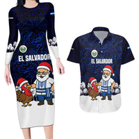 El Salvador Christmas Couples Matching Long Sleeve Bodycon Dress and Hawaiian Shirt with Santa Claus Turkey Fireworks Palm Trees and National Emblem Design - Wonder Print Shop