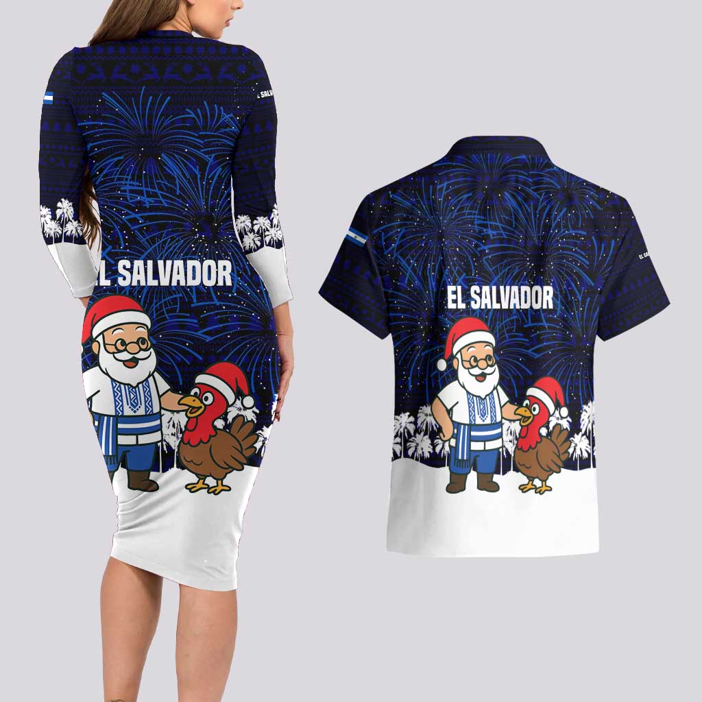 El Salvador Christmas Couples Matching Long Sleeve Bodycon Dress and Hawaiian Shirt with Santa Claus Turkey Fireworks Palm Trees and National Emblem Design - Wonder Print Shop