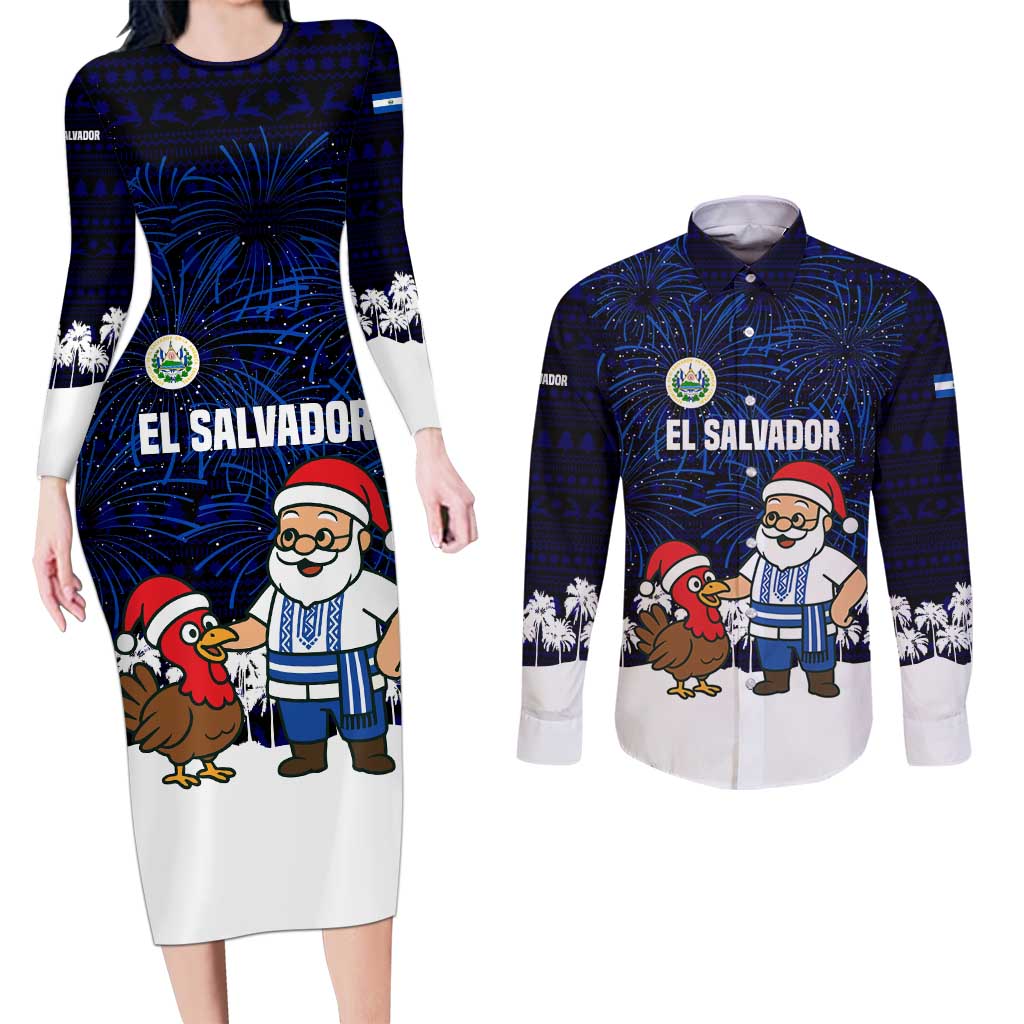 El Salvador Christmas Couples Matching Long Sleeve Bodycon Dress and Long Sleeve Button Shirt with Santa Claus Turkey Fireworks Palm Trees and National Emblem Design - Wonder Print Shop