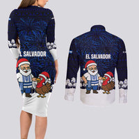 El Salvador Christmas Couples Matching Long Sleeve Bodycon Dress and Long Sleeve Button Shirt with Santa Claus Turkey Fireworks Palm Trees and National Emblem Design - Wonder Print Shop