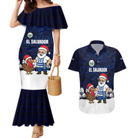 El Salvador Christmas Couples Matching Mermaid Dress and Hawaiian Shirt with Santa Claus Turkey Fireworks Palm Trees and National Emblem Design - Wonder Print Shop