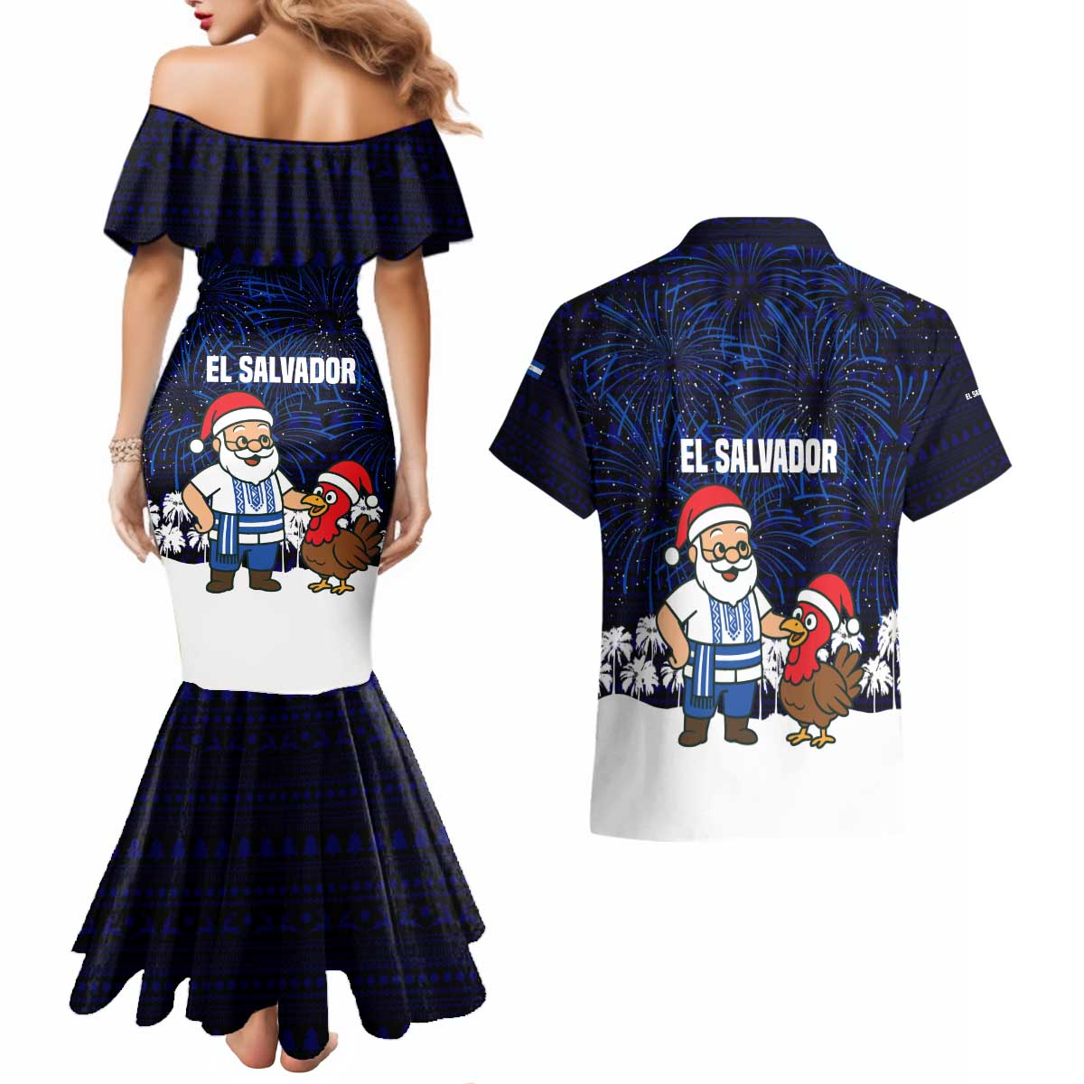 El Salvador Christmas Couples Matching Mermaid Dress and Hawaiian Shirt with Santa Claus Turkey Fireworks Palm Trees and National Emblem Design - Wonder Print Shop