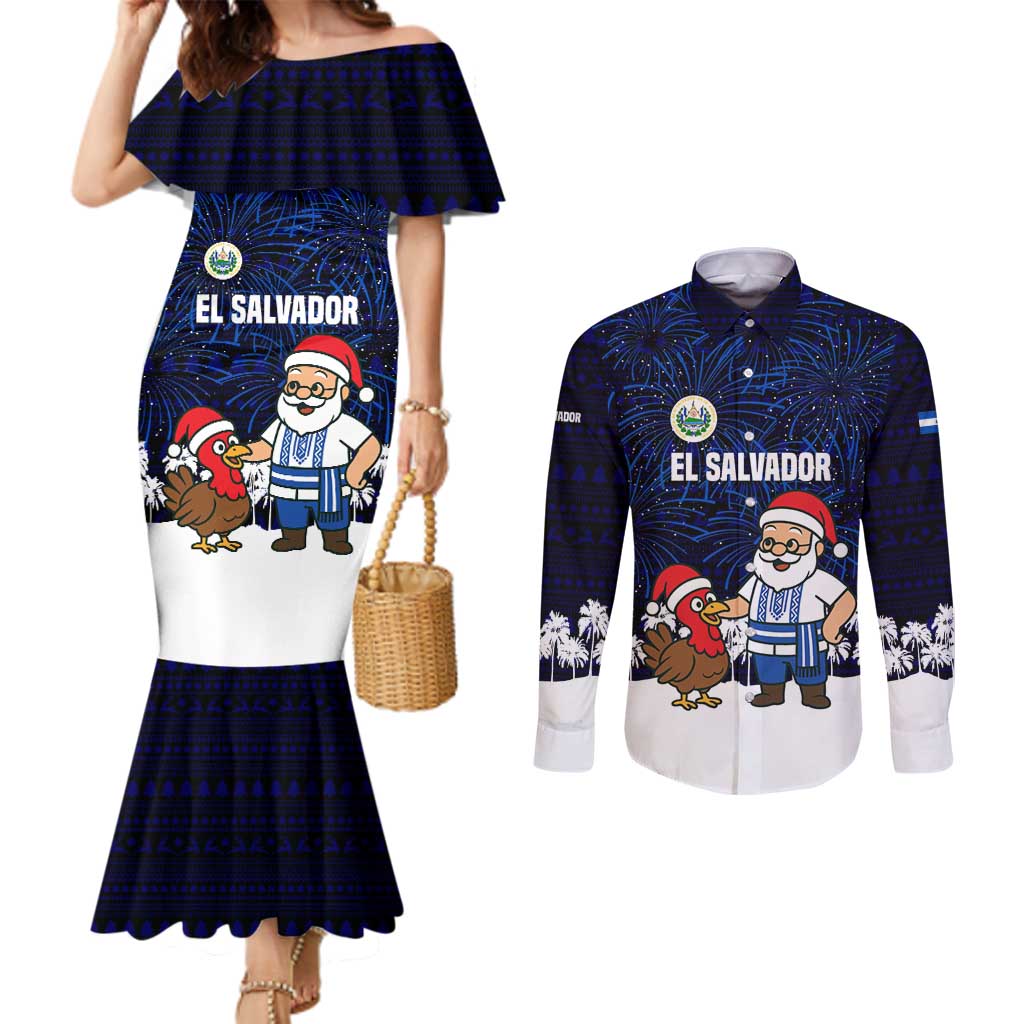 El Salvador Christmas Couples Matching Mermaid Dress and Long Sleeve Button Shirt with Santa Claus Turkey Fireworks Palm Trees and National Emblem Design - Wonder Print Shop