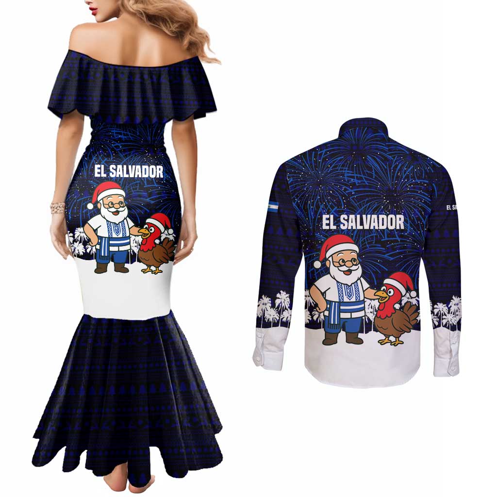 El Salvador Christmas Couples Matching Mermaid Dress and Long Sleeve Button Shirt with Santa Claus Turkey Fireworks Palm Trees and National Emblem Design - Wonder Print Shop