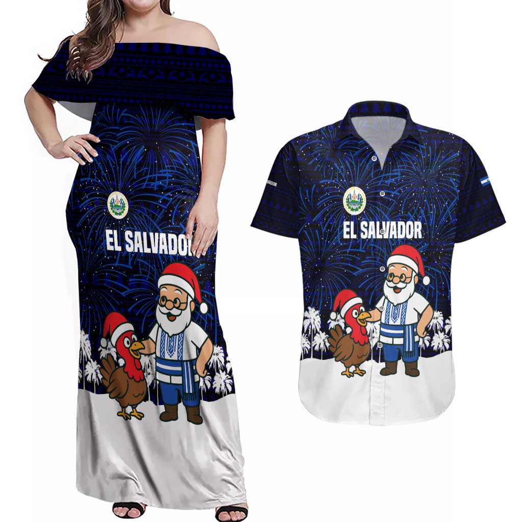 El Salvador Christmas Couples Matching Off Shoulder Maxi Dress and Hawaiian Shirt with Santa Claus Turkey Fireworks Palm Trees and National Emblem Design - Wonder Print Shop