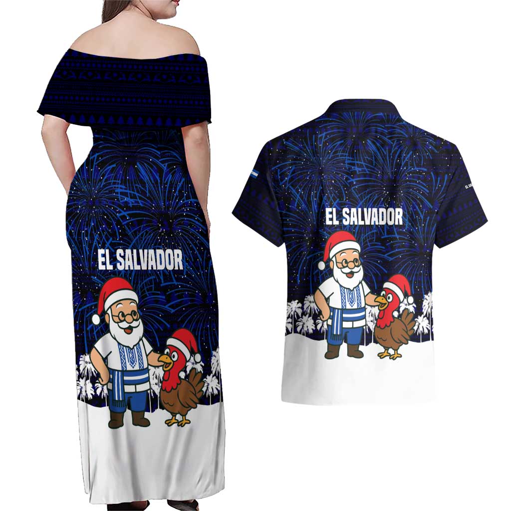 El Salvador Christmas Couples Matching Off Shoulder Maxi Dress and Hawaiian Shirt with Santa Claus Turkey Fireworks Palm Trees and National Emblem Design - Wonder Print Shop
