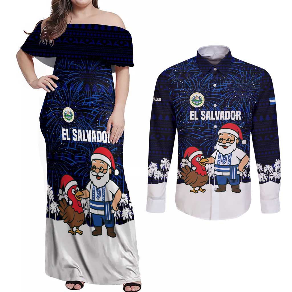 El Salvador Christmas Couples Matching Off Shoulder Maxi Dress and Long Sleeve Button Shirt with Santa Claus Turkey Fireworks Palm Trees and National Emblem Design - Wonder Print Shop