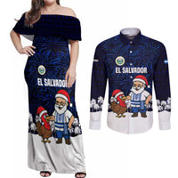 El Salvador Christmas Couples Matching Off Shoulder Maxi Dress and Long Sleeve Button Shirt with Santa Claus Turkey Fireworks Palm Trees and National Emblem Design - Wonder Print Shop