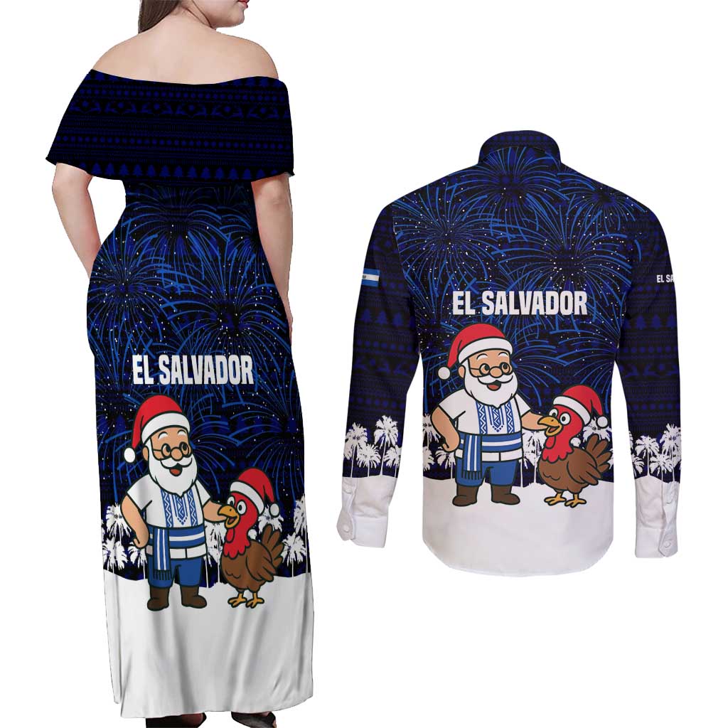 El Salvador Christmas Couples Matching Off Shoulder Maxi Dress and Long Sleeve Button Shirt with Santa Claus Turkey Fireworks Palm Trees and National Emblem Design - Wonder Print Shop