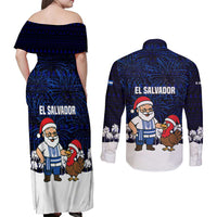 El Salvador Christmas Couples Matching Off Shoulder Maxi Dress and Long Sleeve Button Shirt with Santa Claus Turkey Fireworks Palm Trees and National Emblem Design - Wonder Print Shop