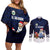El Salvador Christmas Couples Matching Off Shoulder Short Dress and Long Sleeve Button Shirt with Santa Claus Turkey Fireworks Palm Trees and National Emblem Design - Wonder Print Shop