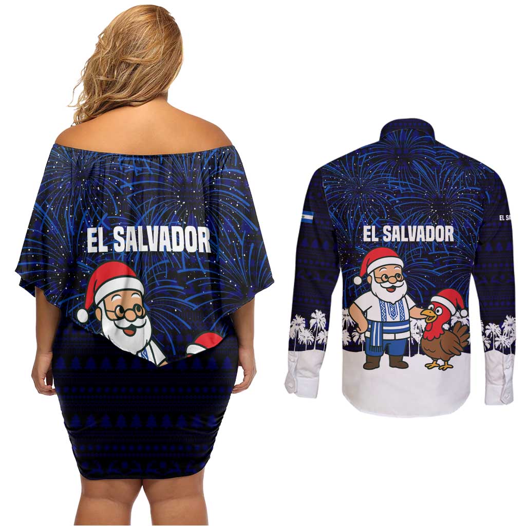 El Salvador Christmas Couples Matching Off Shoulder Short Dress and Long Sleeve Button Shirt with Santa Claus Turkey Fireworks Palm Trees and National Emblem Design - Wonder Print Shop