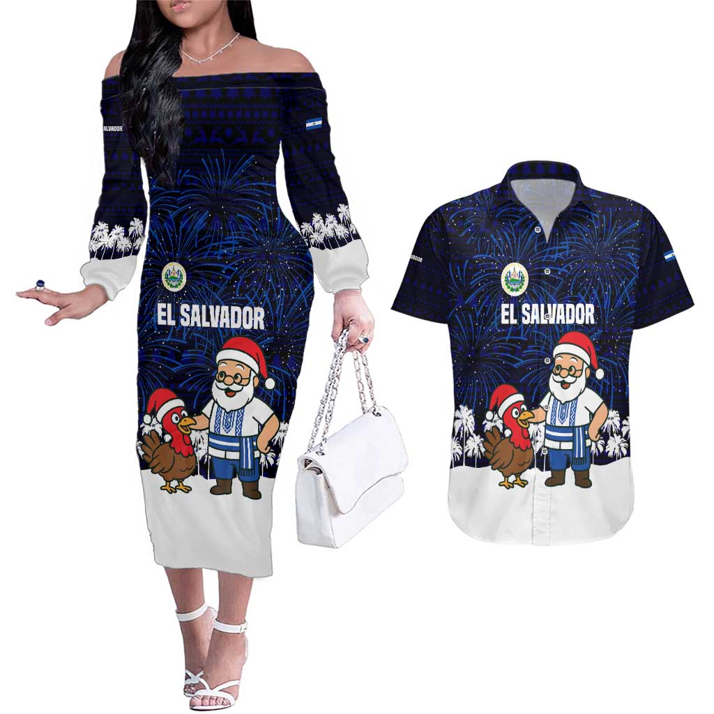 El Salvador Christmas Couples Matching Off The Shoulder Long Sleeve Dress and Hawaiian Shirt with Santa Claus Turkey Fireworks Palm Trees and National Emblem Design - Wonder Print Shop