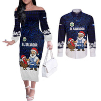 El Salvador Christmas Couples Matching Off The Shoulder Long Sleeve Dress and Long Sleeve Button Shirt with Santa Claus Turkey Fireworks Palm Trees and National Emblem Design - Wonder Print Shop