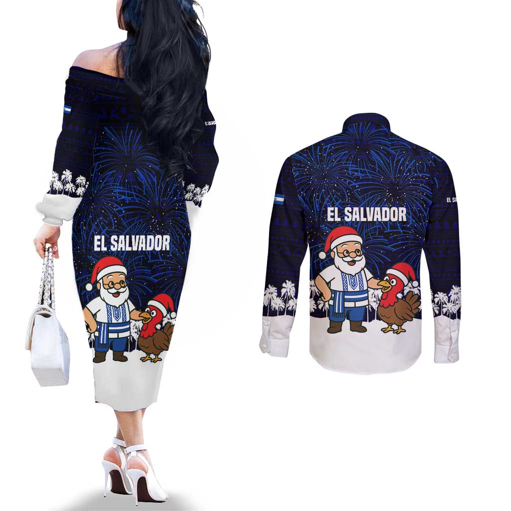 El Salvador Christmas Couples Matching Off The Shoulder Long Sleeve Dress and Long Sleeve Button Shirt with Santa Claus Turkey Fireworks Palm Trees and National Emblem Design - Wonder Print Shop