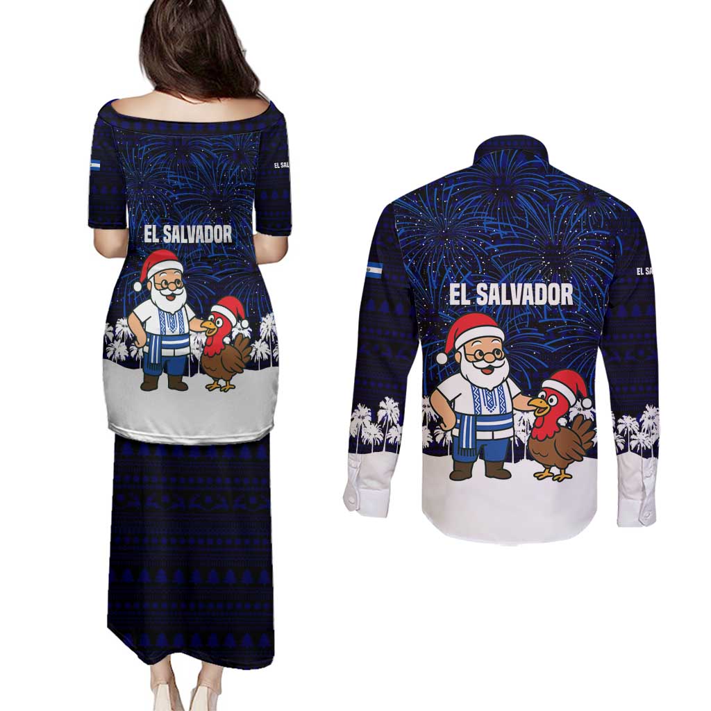 El Salvador Christmas Couples Matching Puletasi and Long Sleeve Button Shirt with Santa Claus Turkey Fireworks Palm Trees and National Emblem Design - Wonder Print Shop