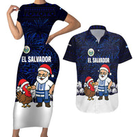 El Salvador Christmas Couples Matching Short Sleeve Bodycon Dress and Hawaiian Shirt with Santa Claus Turkey Fireworks Palm Trees and National Emblem Design - Wonder Print Shop
