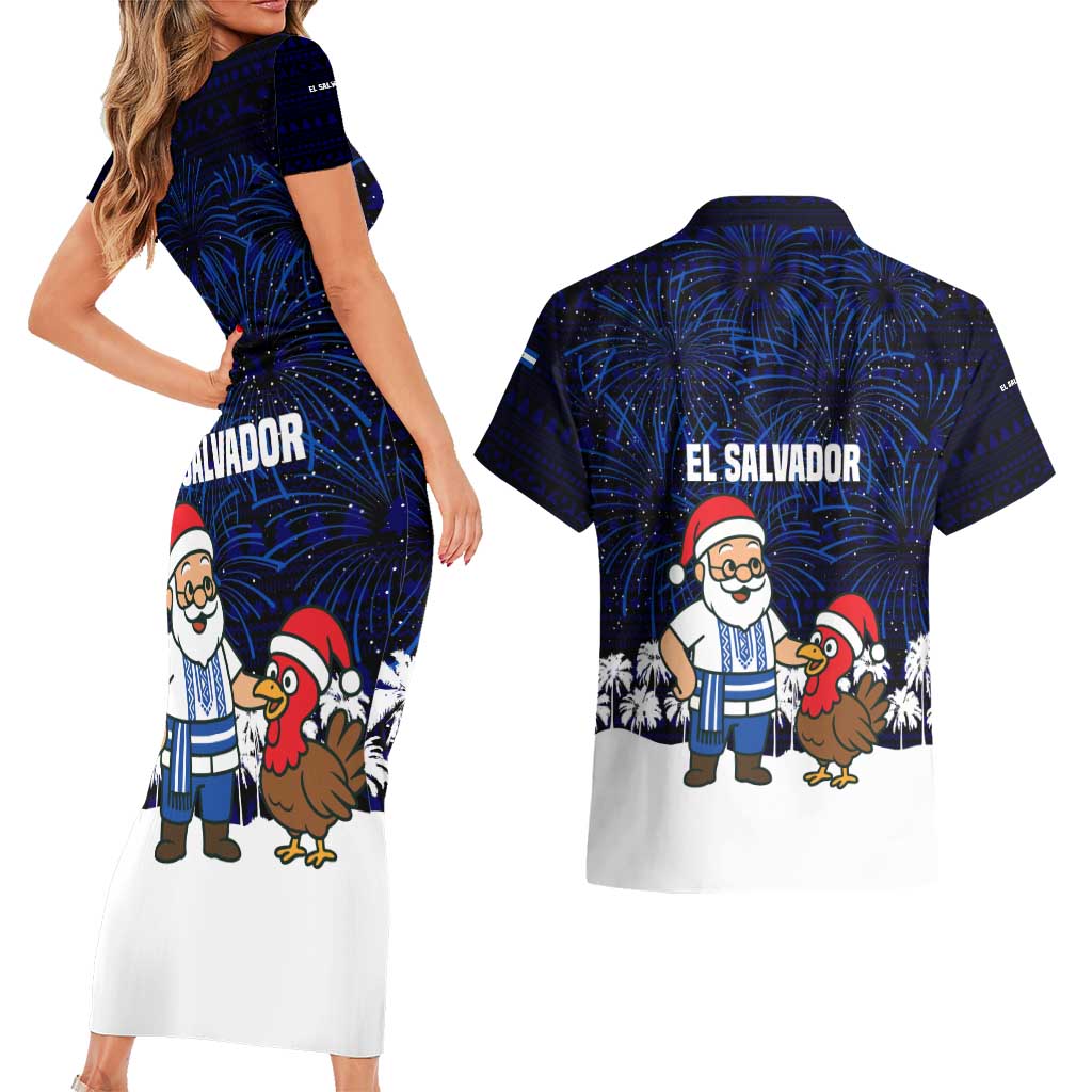 El Salvador Christmas Couples Matching Short Sleeve Bodycon Dress and Hawaiian Shirt with Santa Claus Turkey Fireworks Palm Trees and National Emblem Design - Wonder Print Shop