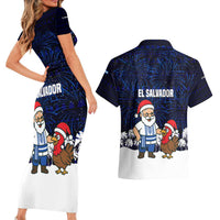 El Salvador Christmas Couples Matching Short Sleeve Bodycon Dress and Hawaiian Shirt with Santa Claus Turkey Fireworks Palm Trees and National Emblem Design - Wonder Print Shop