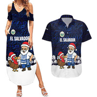 El Salvador Christmas Couples Matching Summer Maxi Dress and Hawaiian Shirt with Santa Claus Turkey Fireworks Palm Trees and National Emblem Design - Wonder Print Shop