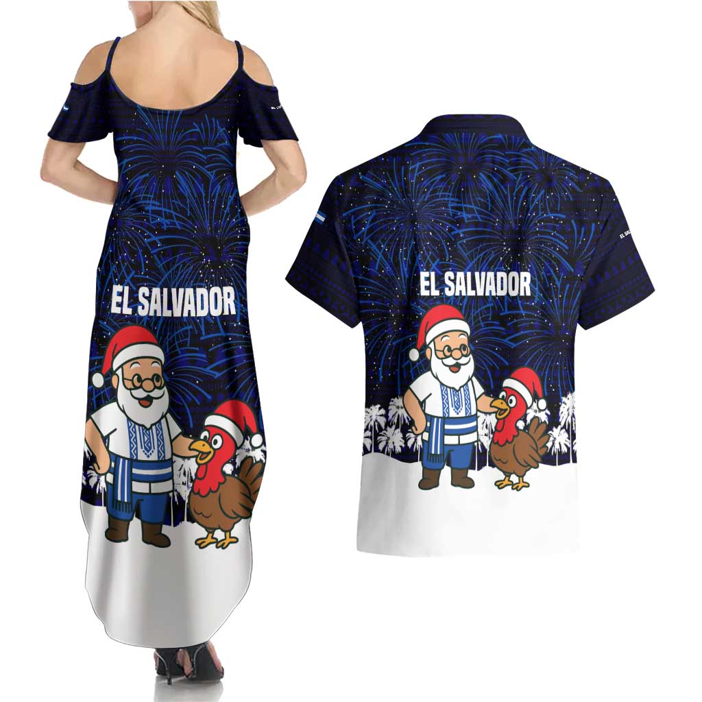El Salvador Christmas Couples Matching Summer Maxi Dress and Hawaiian Shirt with Santa Claus Turkey Fireworks Palm Trees and National Emblem Design - Wonder Print Shop