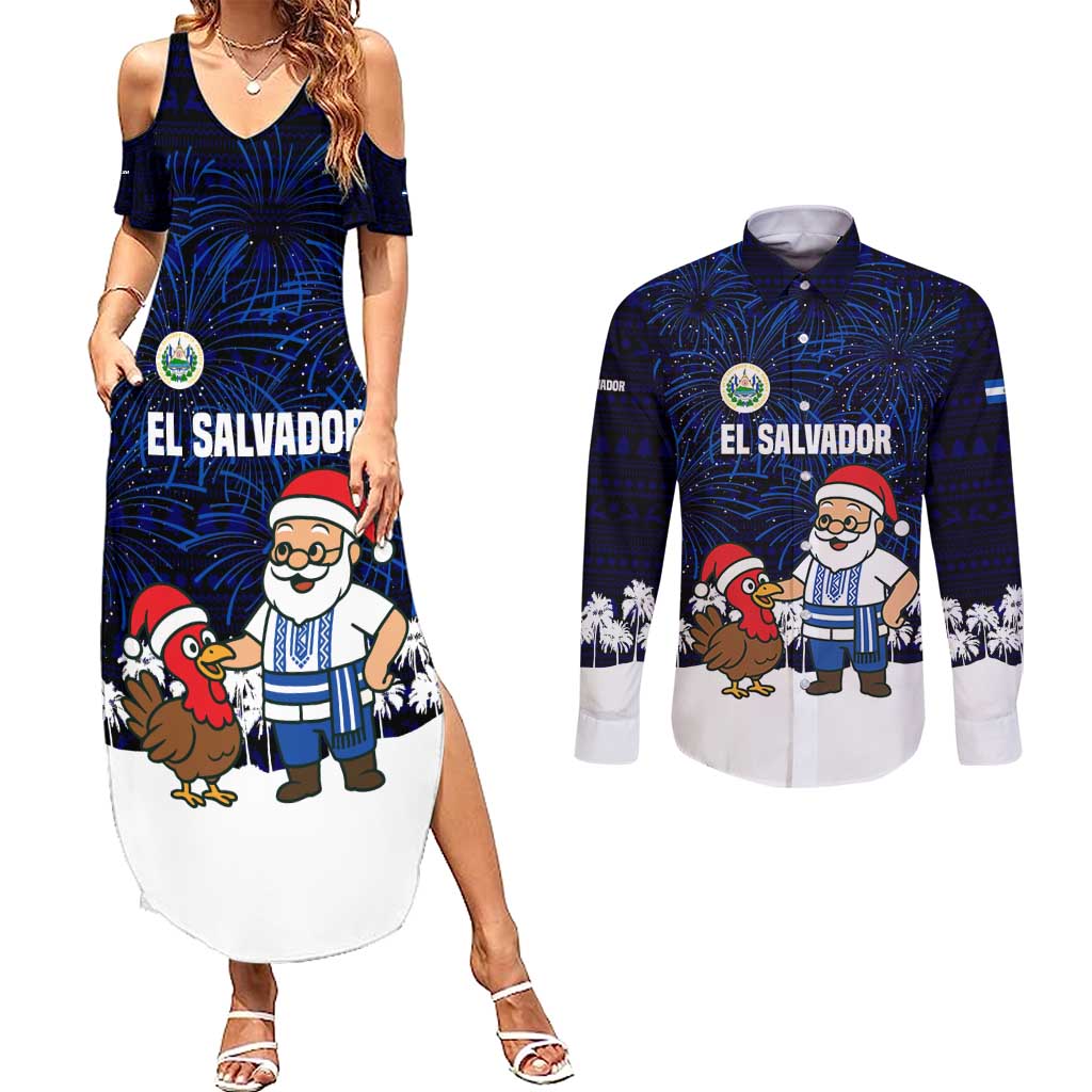 El Salvador Christmas Couples Matching Summer Maxi Dress and Long Sleeve Button Shirt with Santa Claus Turkey Fireworks Palm Trees and National Emblem Design - Wonder Print Shop