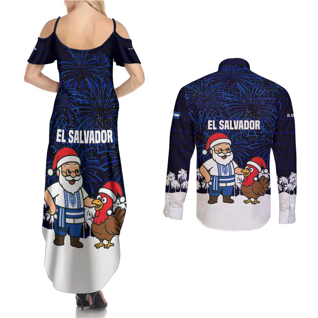 El Salvador Christmas Couples Matching Summer Maxi Dress and Long Sleeve Button Shirt with Santa Claus Turkey Fireworks Palm Trees and National Emblem Design - Wonder Print Shop
