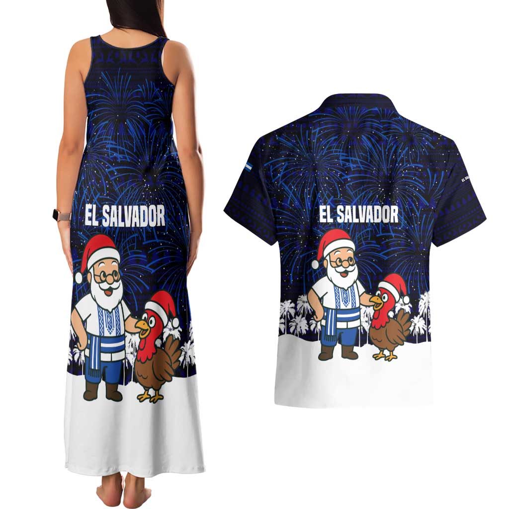 El Salvador Christmas Couples Matching Tank Maxi Dress and Hawaiian Shirt with Santa Claus Turkey Fireworks Palm Trees and National Emblem Design - Wonder Print Shop