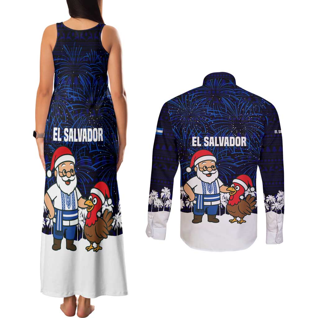 El Salvador Christmas Couples Matching Tank Maxi Dress and Long Sleeve Button Shirt with Santa Claus Turkey Fireworks Palm Trees and National Emblem Design - Wonder Print Shop