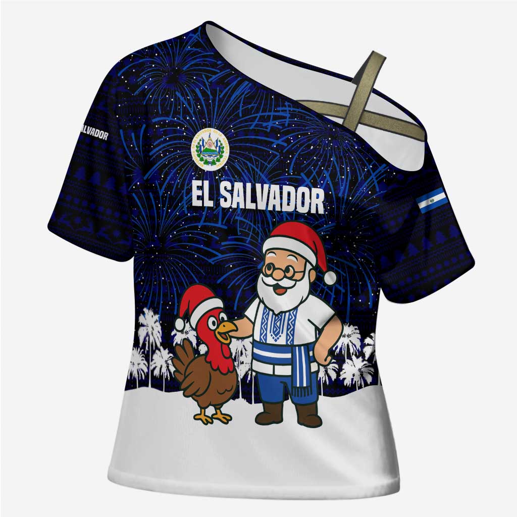 El Salvador Christmas Cross Shoulder Shirt with Santa Claus Turkey Fireworks Palm Trees and National Emblem Design - Wonder Print Shop