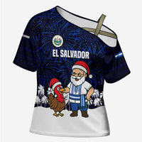El Salvador Christmas Cross Shoulder Shirt with Santa Claus Turkey Fireworks Palm Trees and National Emblem Design - Wonder Print Shop