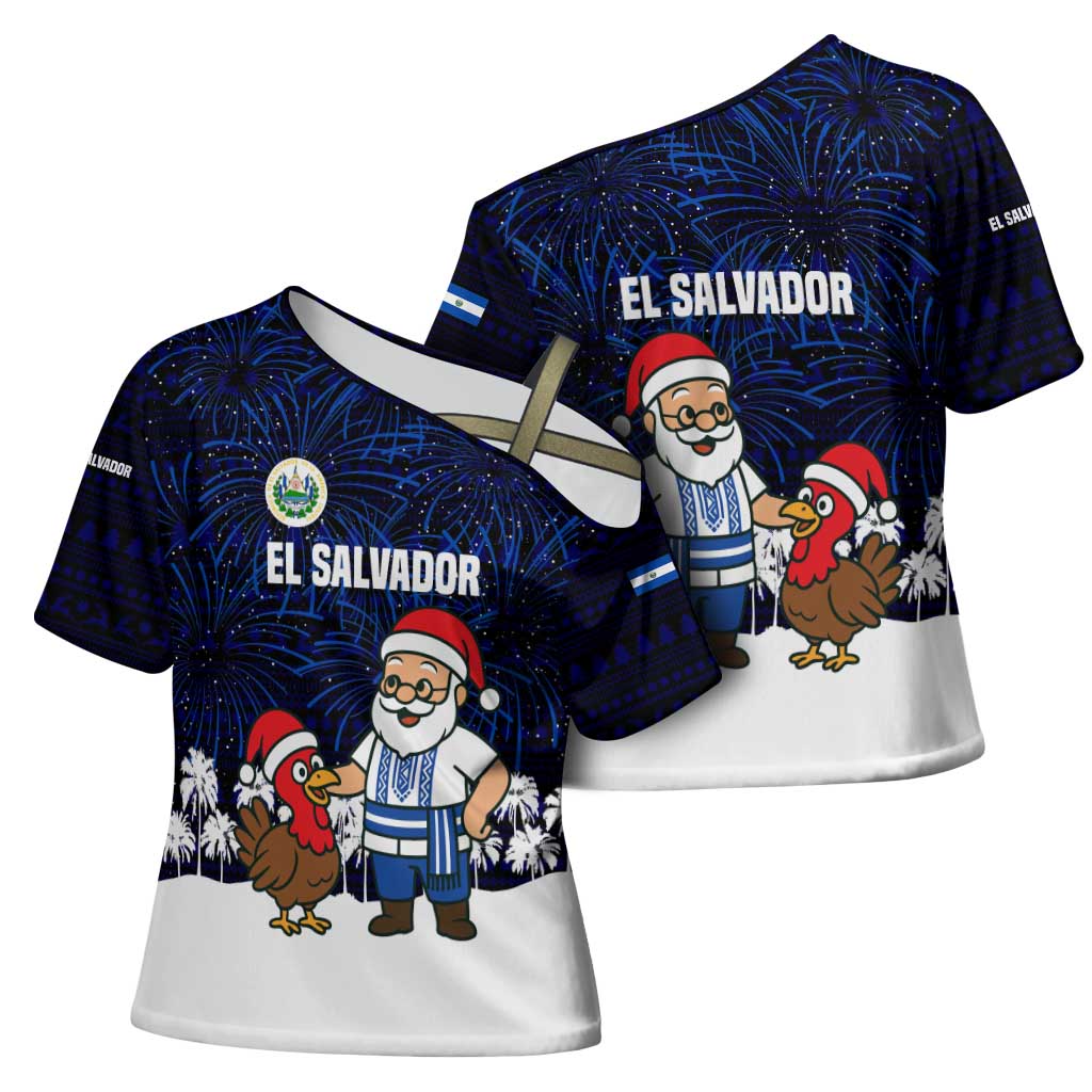 El Salvador Christmas Cross Shoulder Shirt with Santa Claus Turkey Fireworks Palm Trees and National Emblem Design - Wonder Print Shop