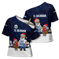 El Salvador Christmas Cross Shoulder Shirt with Santa Claus Turkey Fireworks Palm Trees and National Emblem Design - Wonder Print Shop